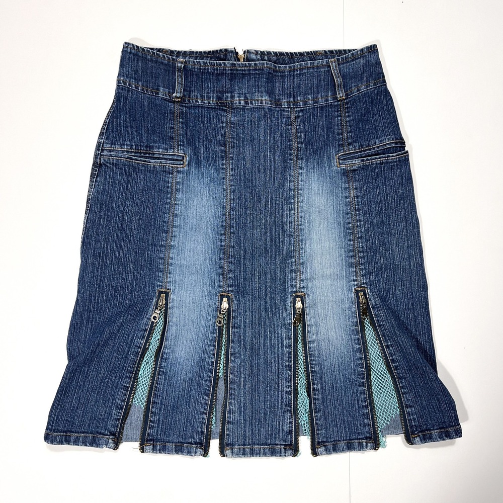Vintage Exocet Denim Midi Skirt with Zipper and Mesh Details